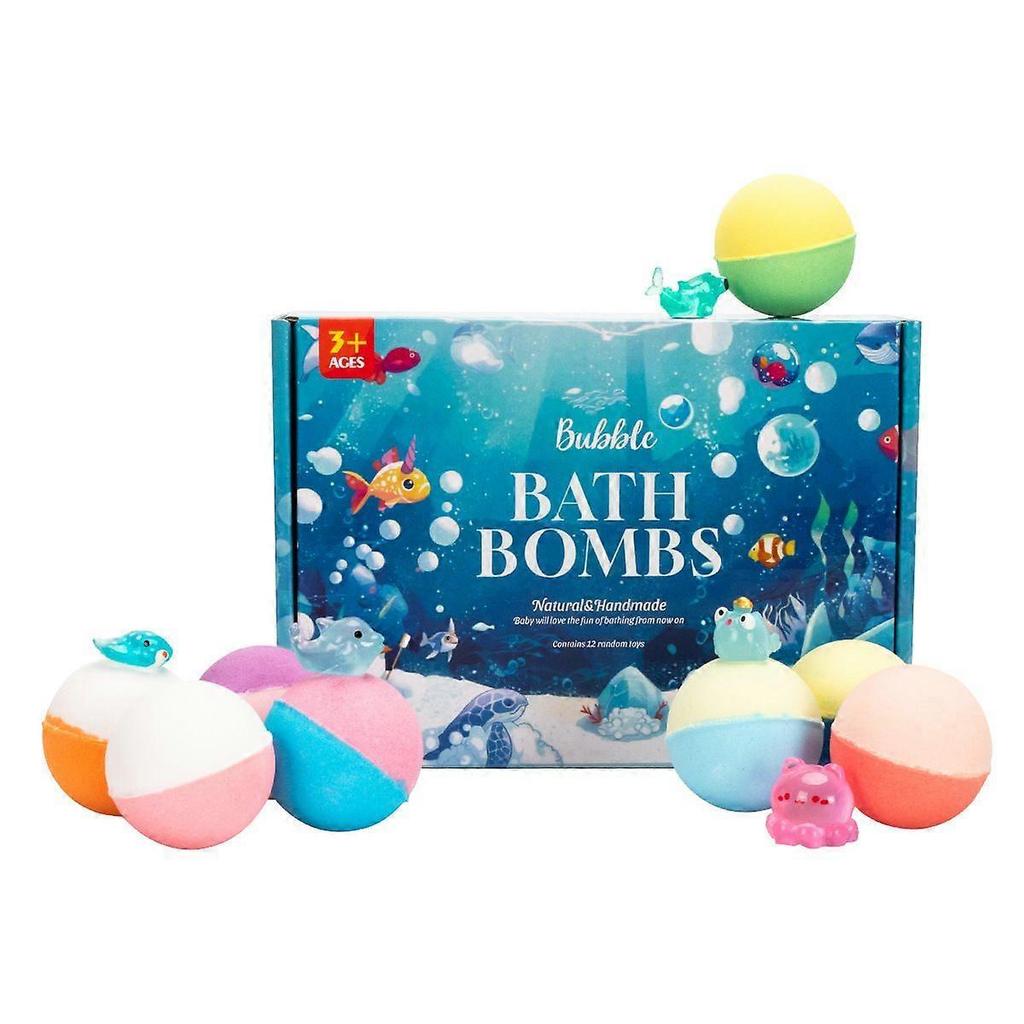 12Pcs Ocean Themed Surprise Bath Bombs, Natural Handmade Bath Fizzers with Hidden Random Toys, Rich Bubbles Spa Bath Balls for Kids Ages 3+