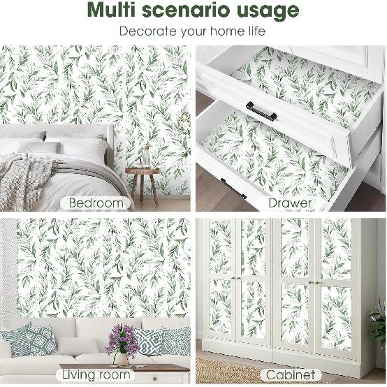 Peel and Stick Wallpaper 17.7 x590.5 Inch Olive Green Leaf WallpaperStick on Wallpaper for Bathroom Vinyl Removable Wallpaper Self Adhesive Wallpaper