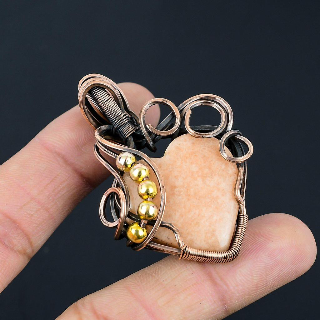 Orange Amazonite Gemstone Handmade Pure Copper Wire Wrap Jewelry Pendant For Women
