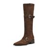 Giant Versatile Retro Matte Leather But Knee Boots Women'S Boots Belt Buckle 4.5Cm Mid-Heel Western Boots