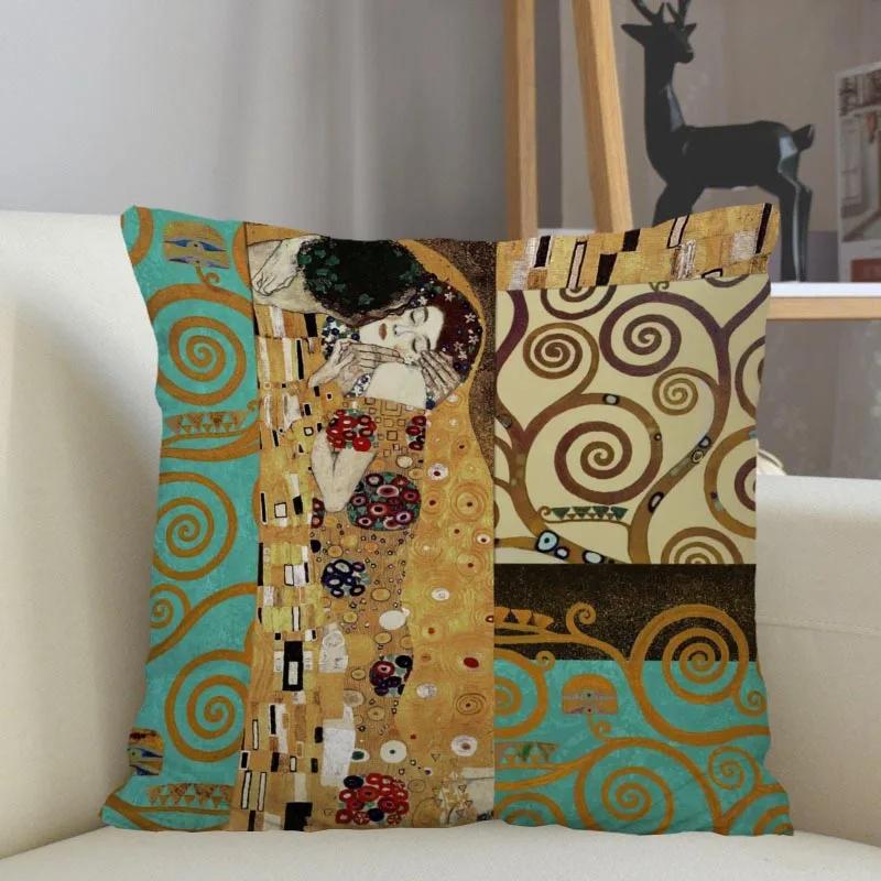 Gustav Klimt Art Pillowcase Home Sofa Office Cushion Polyester Fabric Pillow Cushion Cover Size 40X40cm One Sides