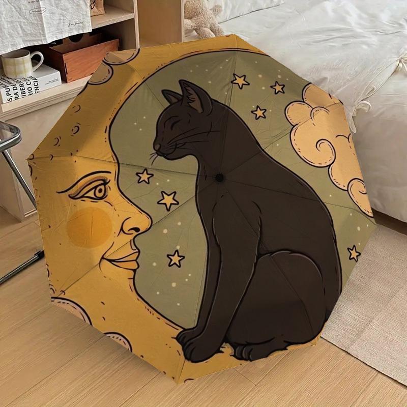 1pc Moonlit Cat Dreamscape Umbrella with Plastic Handle,Suitable for All Seasons Home Travel Outdoor UmbrellaDD873