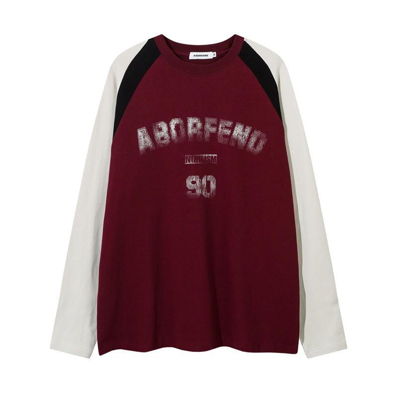 Unisex Übergroßes Campus-Stil Langarm-T-Shirt mit Kontrastfarbeneinsatz Abstraktes Muster