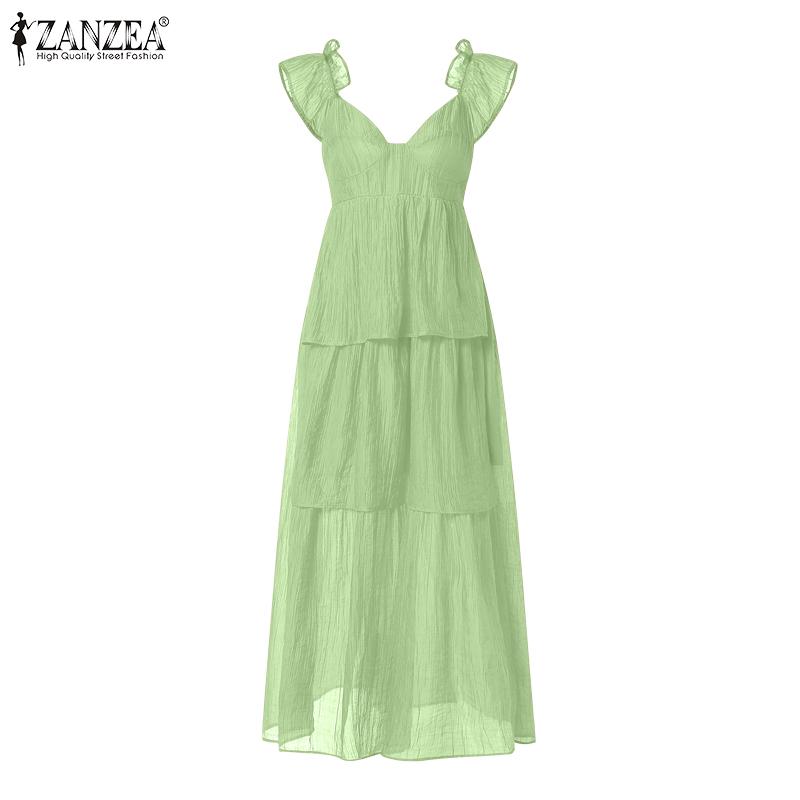 ZANZEA Summer Women Ruffled Sleeveless V Neck Layers Casual Holiday Pleated Dress Sundress