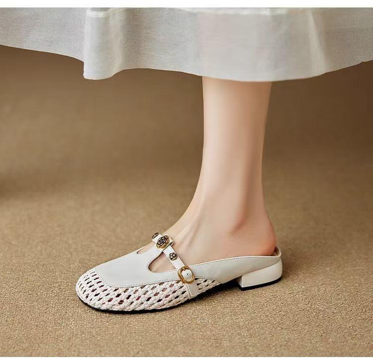 Fashion 2025 French Woven Hollow Breathable Real Leather Toe Cover Women's High Heel T-Strap Semi-Slipper Rubber Sole Basic Type