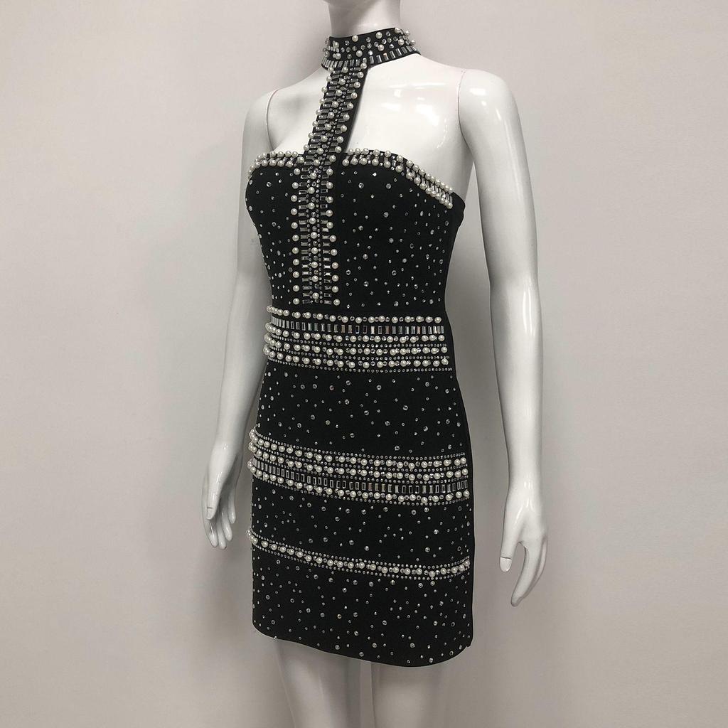 2025 Autumn/Winter European Fashion Pearl Rhinestone Halter Bandage Dress