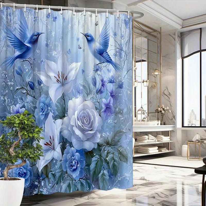 ~O~1 Stück Blaue Vögel & Lilien Duschvorhang - Vergissmeinnicht Design, Polyester, 180x180 cm, 12 Haken, Waschbar, Elegante Badezimmer-Dekoration