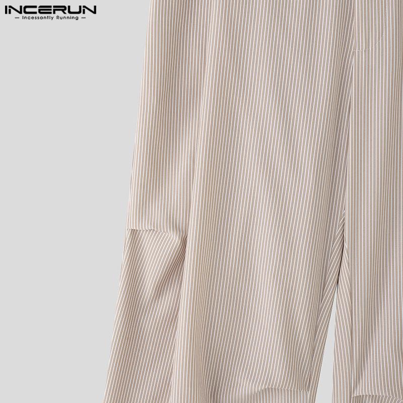 INCERUN Men Casual Zipper Waist Striped Long Ruffled Wide Legs Pants Trousers