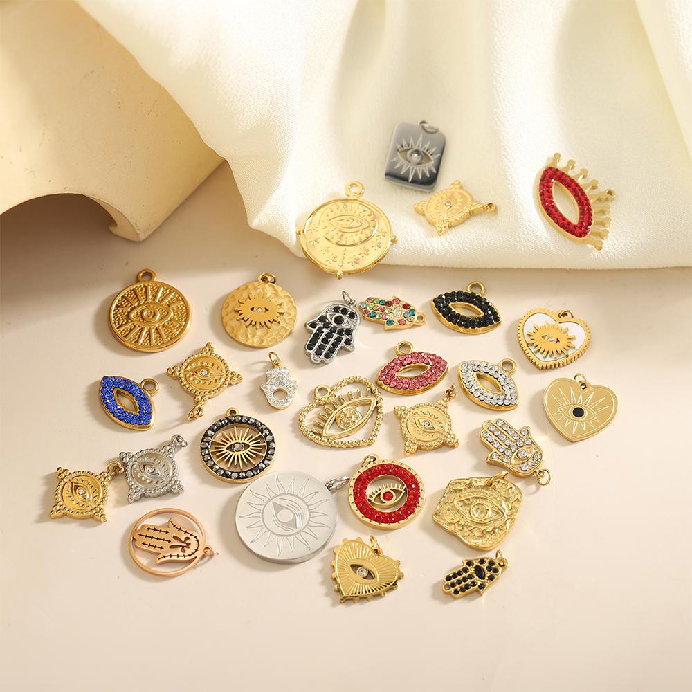 CARLIDANA Vintage Popular Pendant Hollow Charms Stainless Steel Gold Plated Heart Palm Zircon Evil Eye Charms for Jewelry Making