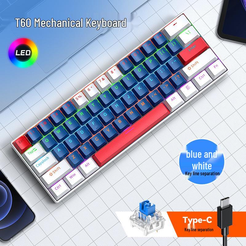

T-WOLF T60 Mechanical Gaming Keyboard, Blue Switches, 61-Key, Detachable Cable, RGB Backlit Customization