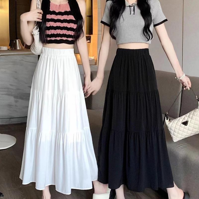 1PC High Waist Skirts Long Skirts A-line Skirts Polyester Chiffon White Elastic Women Vintage
