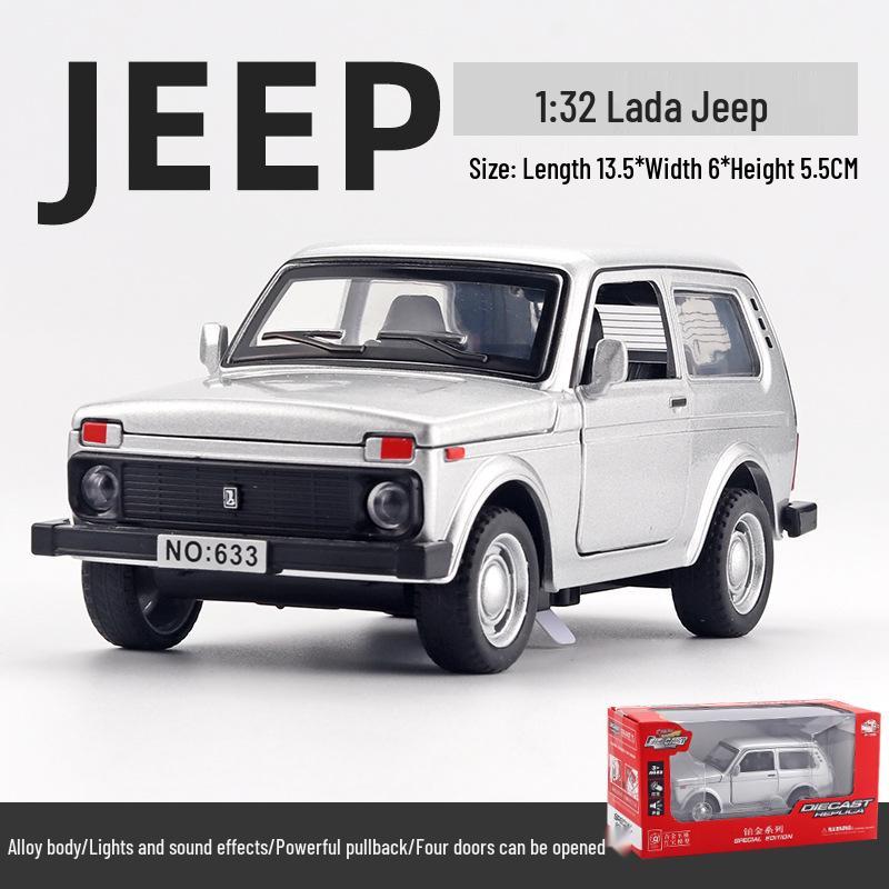 Boxed 1:32 Lada Jeep Alloy Car Model Toy with Pull-Back, Sound, and Light.