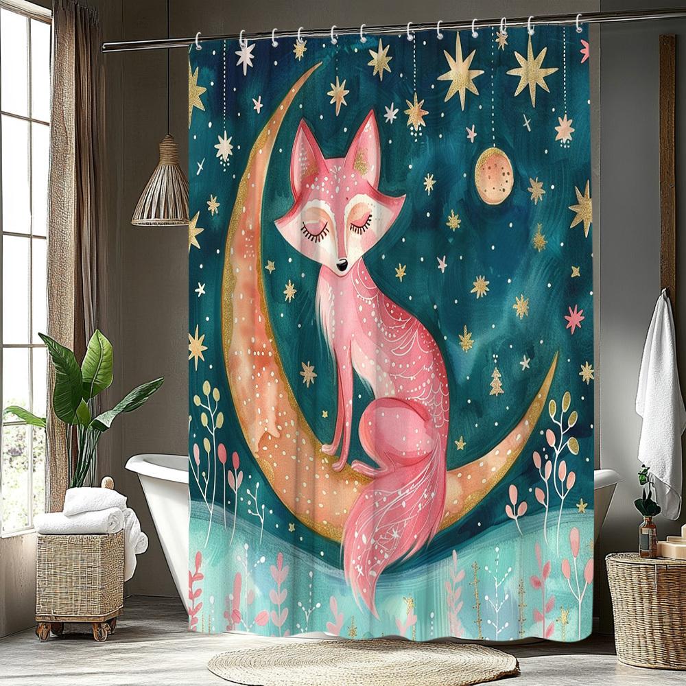 1Pc Enchanting Fox & Starry Night Shower Curtain - Fantasy Medieval Style, Washable Polyester Fabric With 12 Hooks,