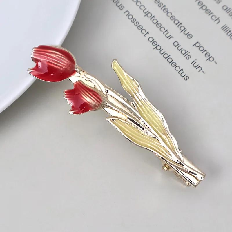 Metal Tulip Flower Hair Side Clip Fringe Bangs Duckbill Clip Women Girls Sweet Headwear Hairpin Hair Style Accessories
