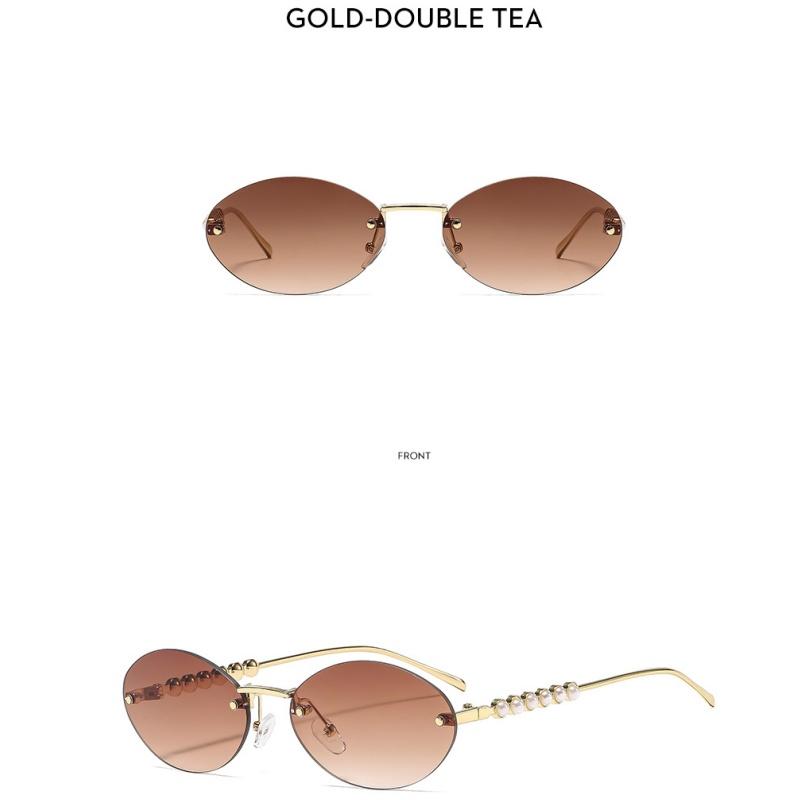 Ladies sunglasses, rimless oval sunglasses, pearl embellished sunglasses.