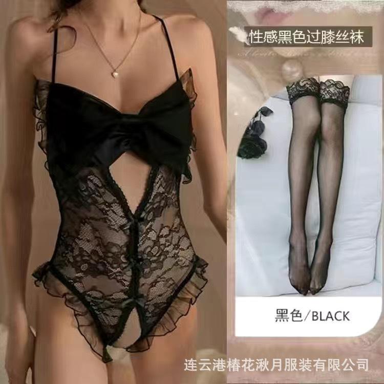 Sexy Perspective Sex Underwear Women's Mesh Big Bow Lace Seduction Onesie French Lace Open File