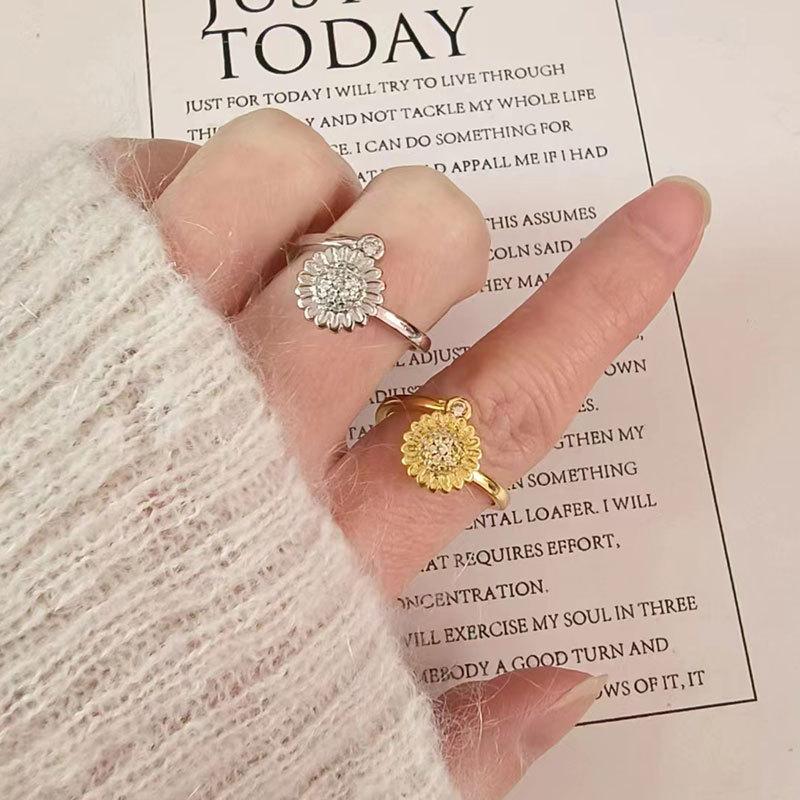 Offener Ring mit Zirkonia-Blume, Damen-Design, Nischenring, zweifarbig, Sonnenblume, doppelte Kamelie, personalisierbar, vielseitig verstellbar, Windmühlenring, Schmuck