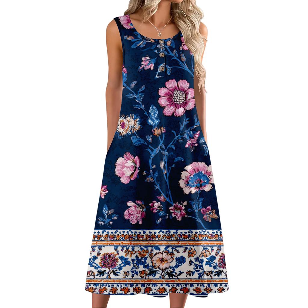 Women's Fashion Casual Sleeveless Button Floral Print Dress with Pocket