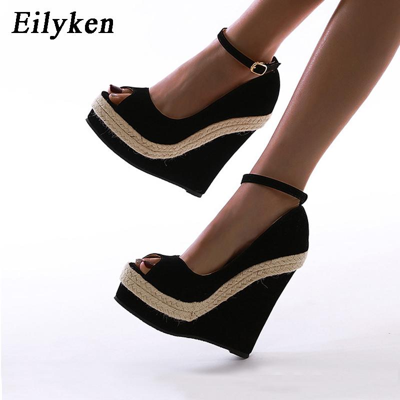 Fashion Eilyken Platform Sandals Women High Quality Flock Fabric Peep Toe Fashion Buckle Strap Wedge Heels Dress Ladies Shoes