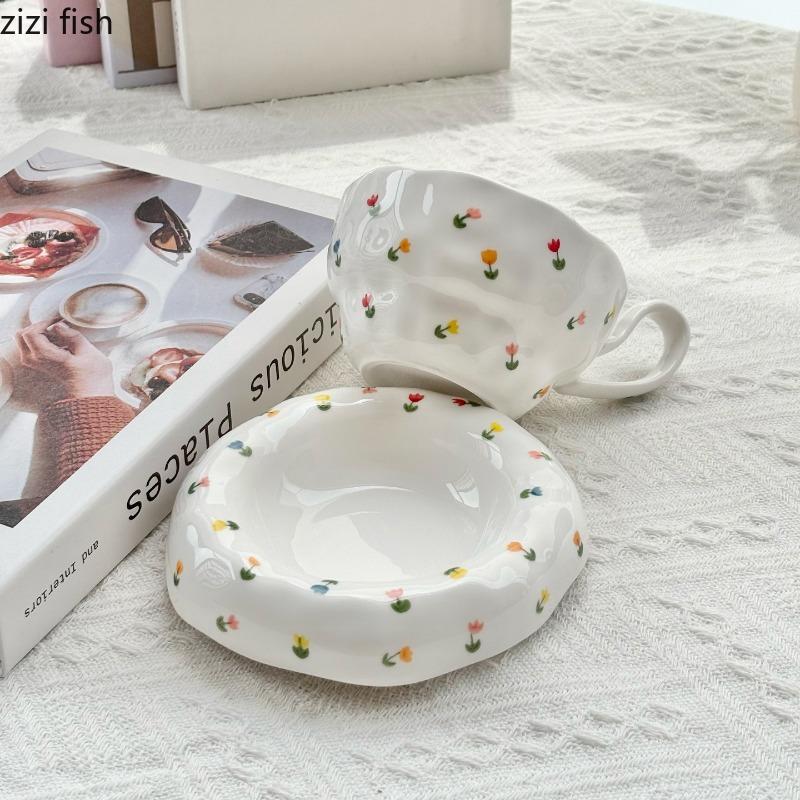 Irregular Ceramic Coffee Cups and Plates Flower Patterned Water Cup Afternoon Tea Mug Breakfast Cup Milk Mug Milk Tea Cups