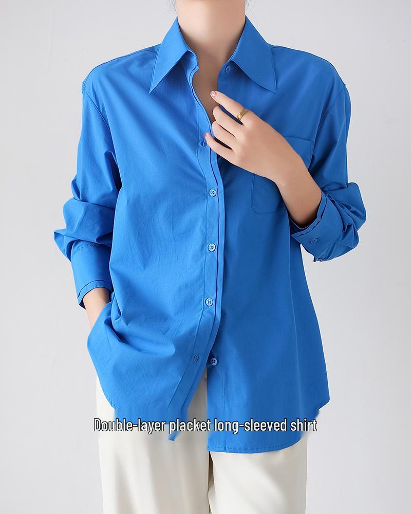 Damen blaues zweireihiges Langarm-Tencel-Baumwollhemd