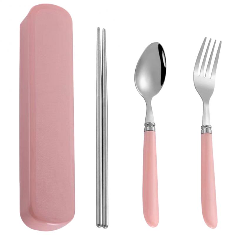 Portable Tableware Chopsticks Spoon Fork Stainless Steel Plastic Student Tableware Dining Fork Spoon Chopstick Set Easy To Carry