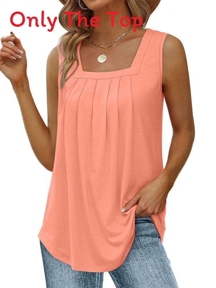 Sleeveless Square Neck Tank Top For Women With Wrinkled Design For Casual Wear