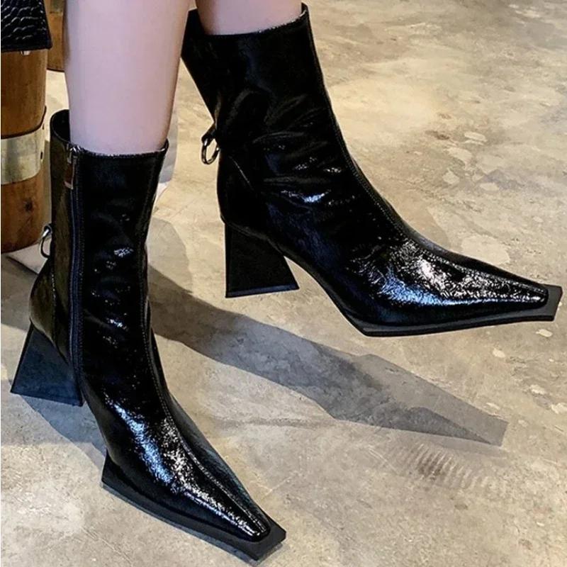 2024 Autumn New Small Square Head Thick High Heel Short Boots Riding Boots High Heels Fashion Boots Shaped Triangle Heel 35-40