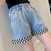 Girls' Summer Checkerboard Denim Shorts - Trendy & Lightweight