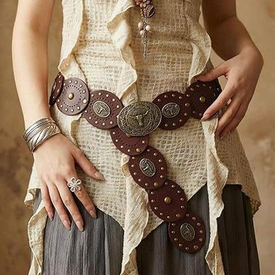 Women's Retro Oval Western-Style Leather Belt with Denim Waistband Decoration