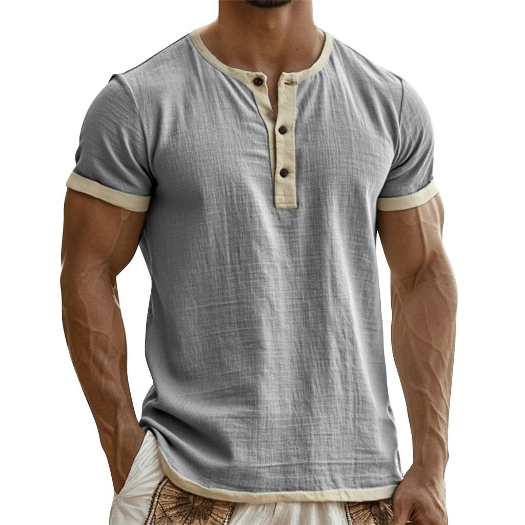 Men's Breathable Solid Color Pleated T-shirt Men's Casual Contrast Color Short Sleeve T-shirt