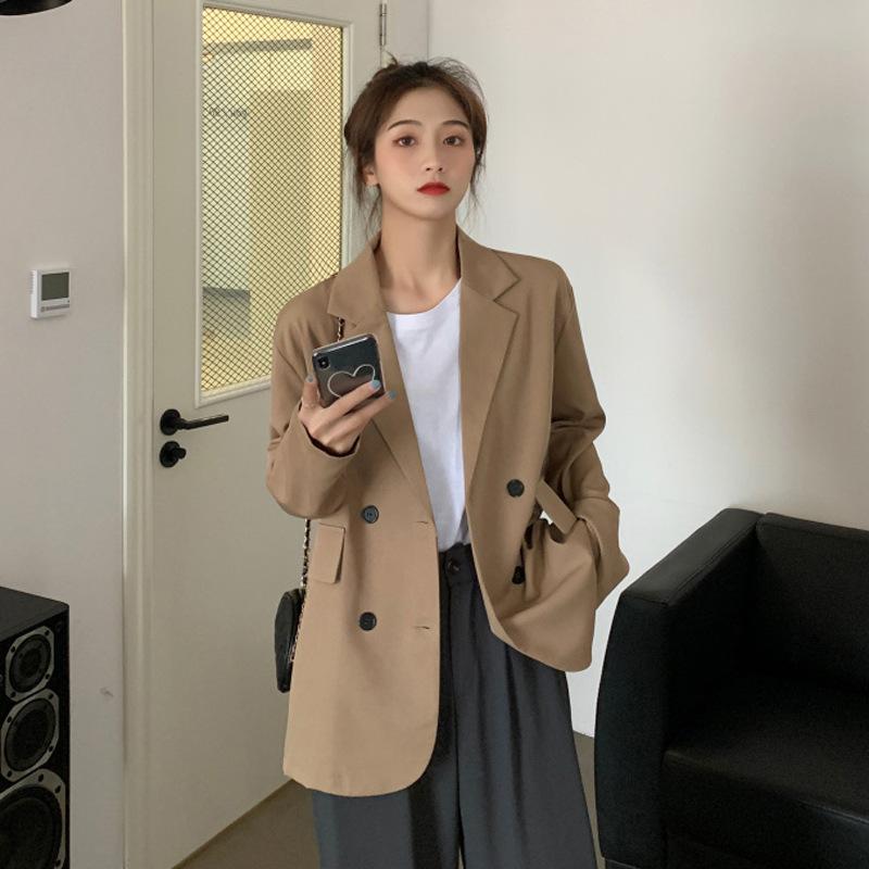 Dámské Jednobarevné Jednoduché Klasické Vroubkované Dvouřadé Podzimní Volné Oblečení Dámské Univerzální Běžné Denní Harajuku Trendy saka