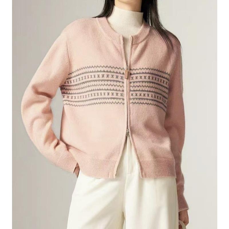 Herbst neues Design Doppelreißverschluss Strickjacke Damenoberteil Retro Jacquard Rundhals Strickjacke Pullover Damen