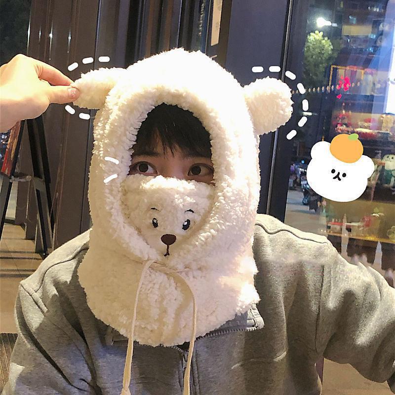 Winter Cartoon Hat With Mask Bear Lamb Beanie Hats Warm Thickened Ear Protection Beanies For Women Girl Scarf Hat