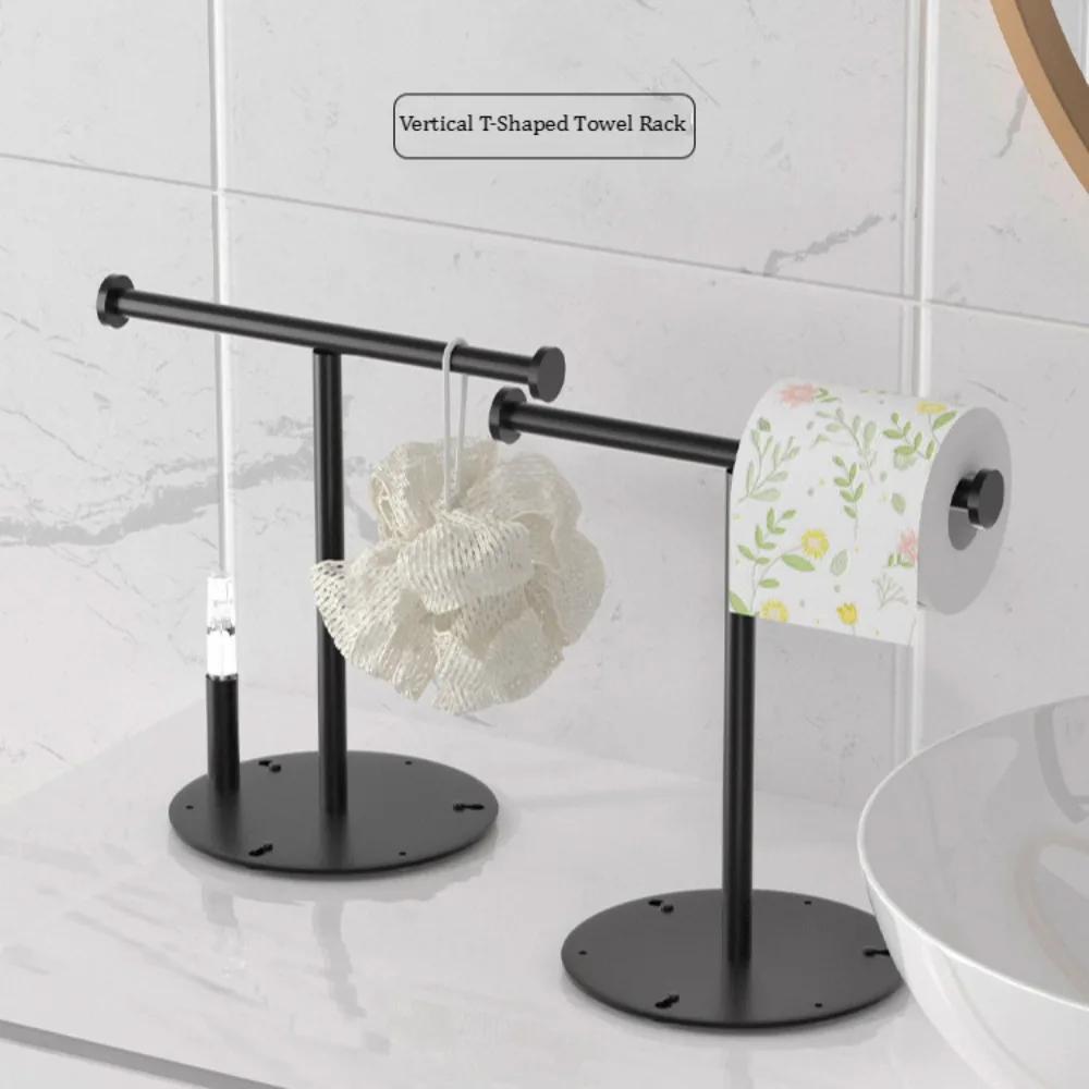 T-Shape Towels Bar Rack For Bathroom Vanity Countertop Black Carbon Steel Stable Free-Standing Towel Bar Vertical  Towel Holder
