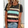 Women's Wide Stripe T-Shirt - Short Sleeve Round Neck Casual Blouse Top with Stripe Print, Medium
