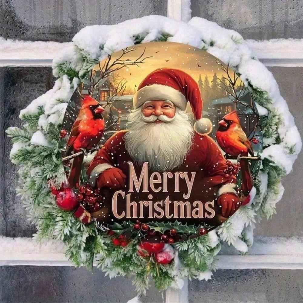 Rustic Metal Santa Claus Cardinal Wreath Sign Merry Christmas Wall Decor 2D Holiday Door Hanging For Home Bar Cafe Garage