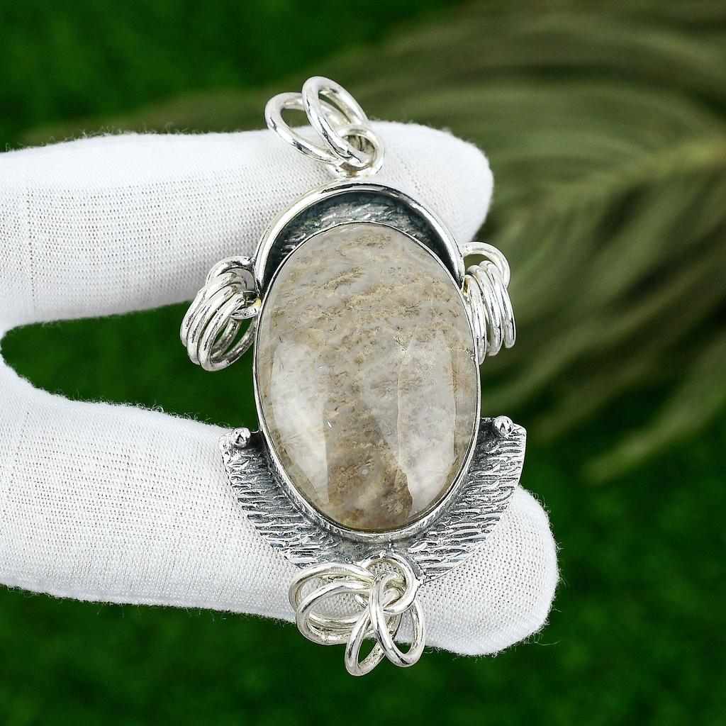 Natural Fossil Coral Gemstone Pendant Brown 925 Sterling Silver Indian Jewelry