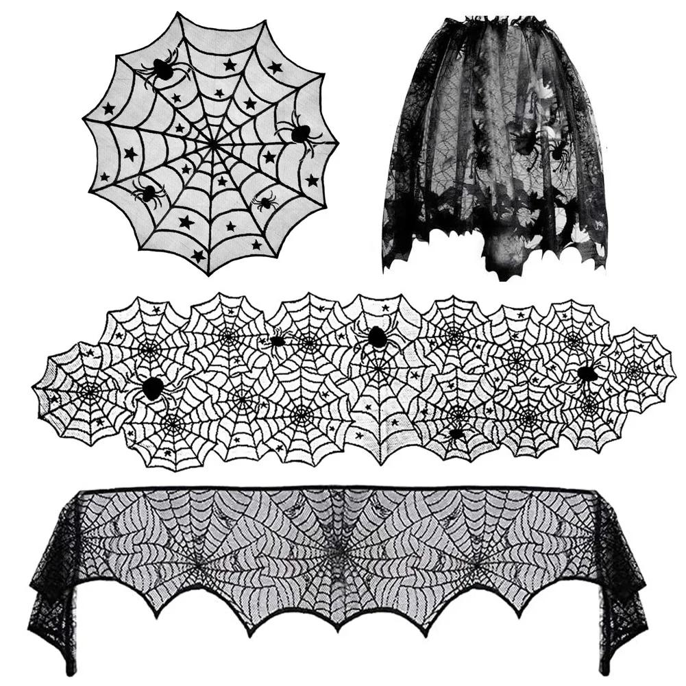Halloween Black Lace Tablecloth BatCobweb MantelpieceCloth Family Table Cover Festive Household Items Halloween Party Decoration