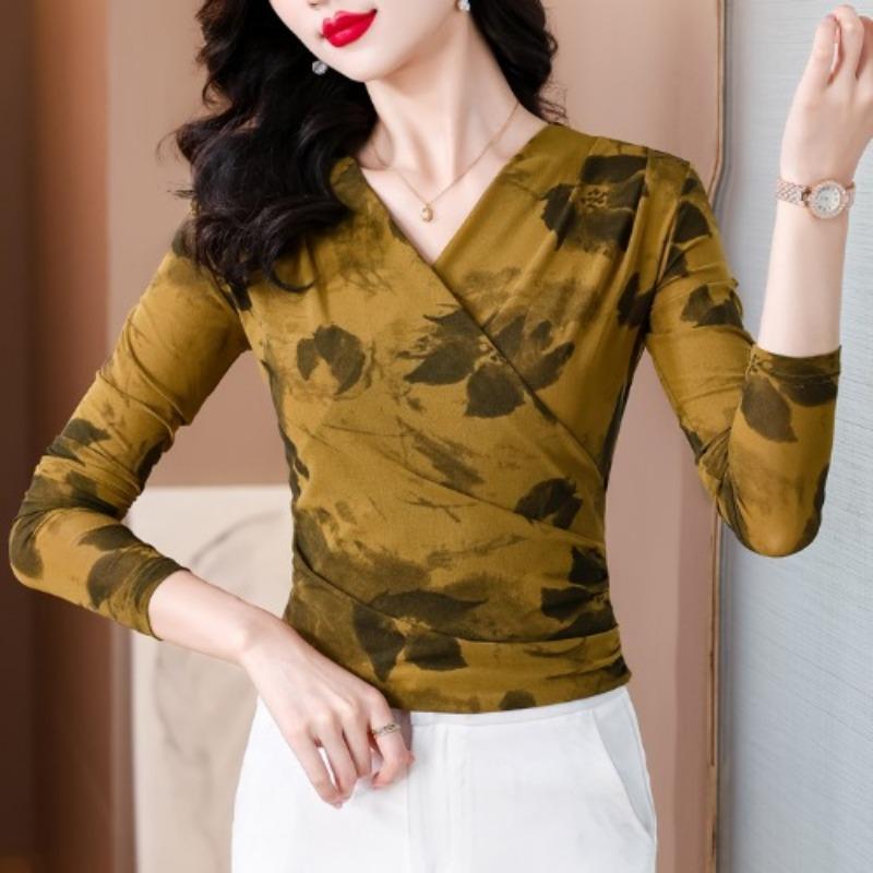 New Winter V-neck Mesh Base Shirt for Women with Small Shirt Printed Long-sleeved T-shirt Top