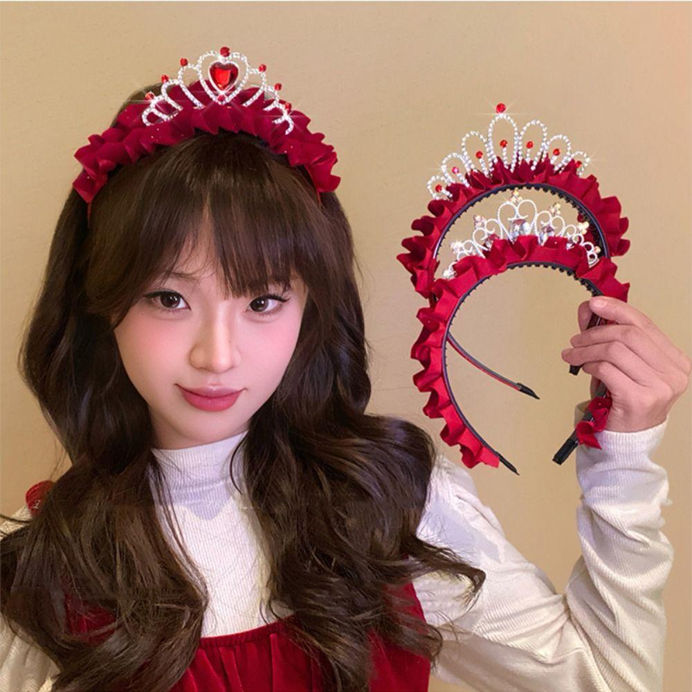 Rhinestone Princess Crown Hair Hoop New Year Red Head Wear Sweet New Year Headband  Children