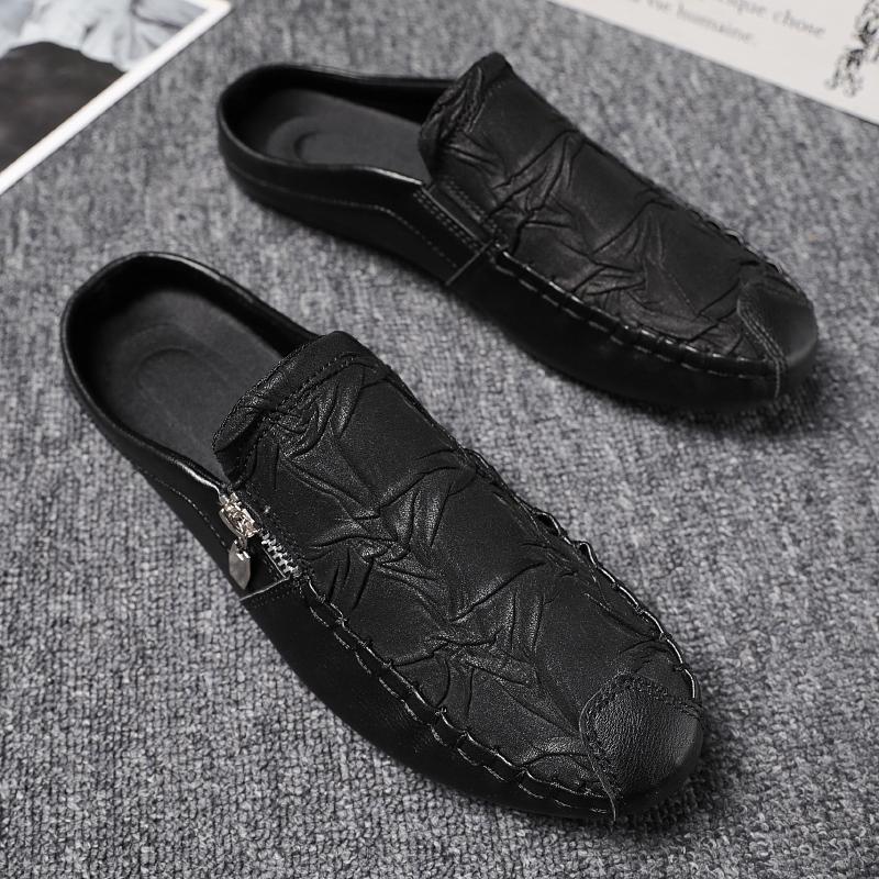 Fashion leather Mens Half Slippers Breathable Mens Casual Shoes Outdoor Men Loafers Lazy Shoes Flats Comfortable Male Sneakers