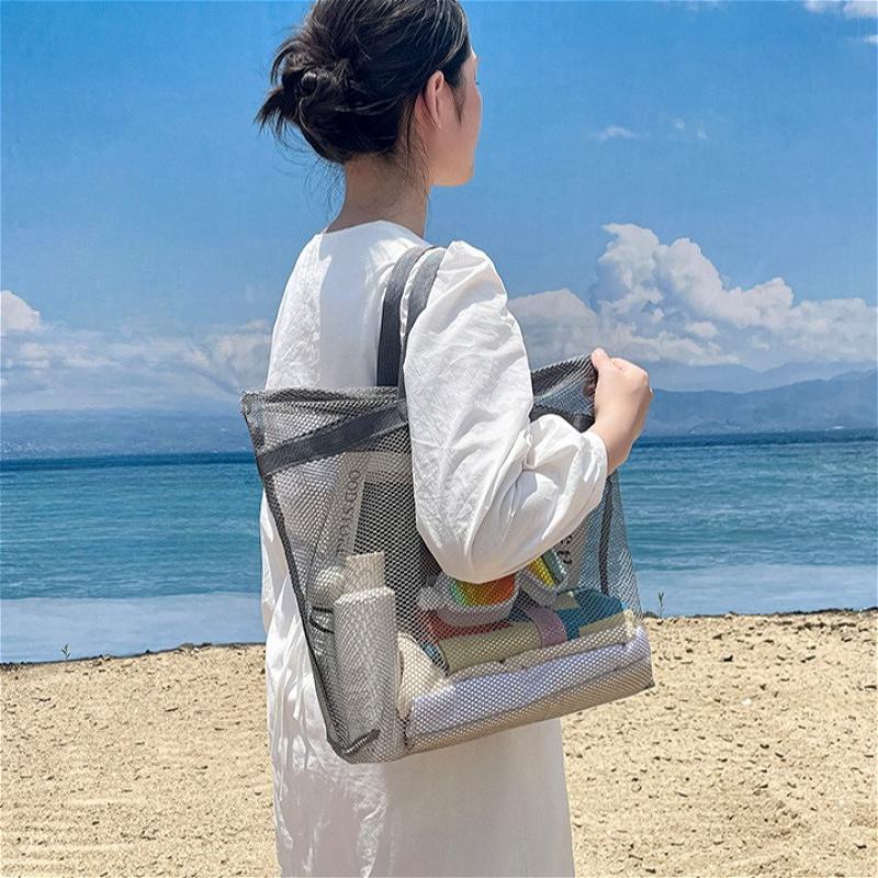 Große Netztasche für den Strand Transparente Schwimm-Tragetasche Wasserdichte Sandfeste Aufbewahrungstasche für Schwimmen Reisen Pooltasche