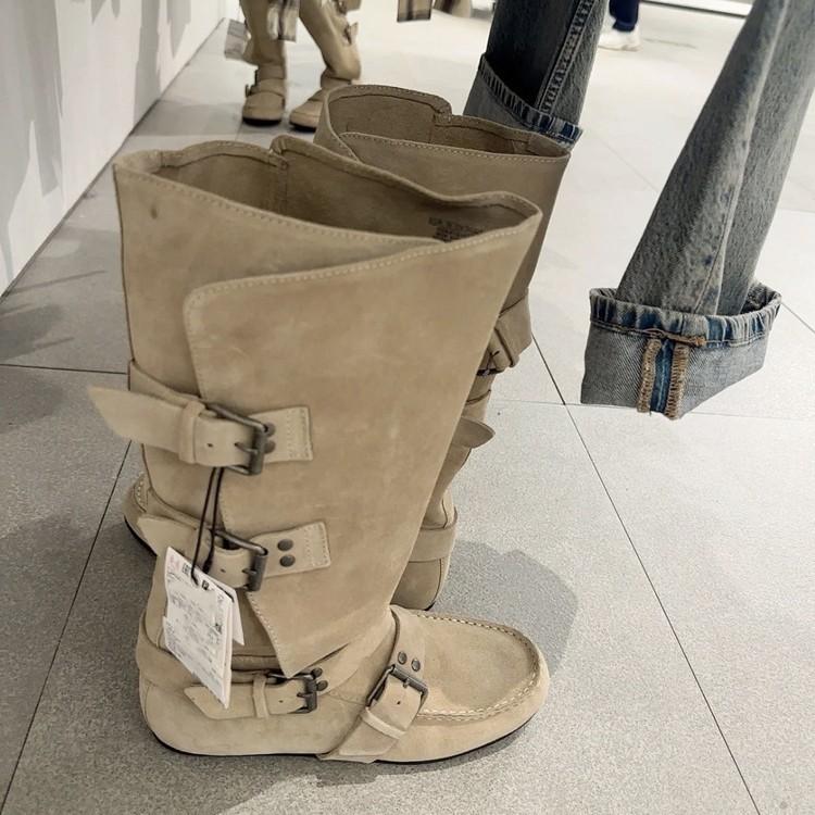 

Retro design matte belt buckle knight boots women s fashion versatile casual round head suede boots 40 хаки