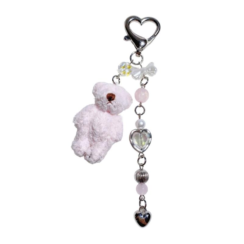 Fashionable Soft Plush Bear Keyring with Bead Chain Colorful Bag Pendant Accessory Beaded Animal Charn Ornament for Girls