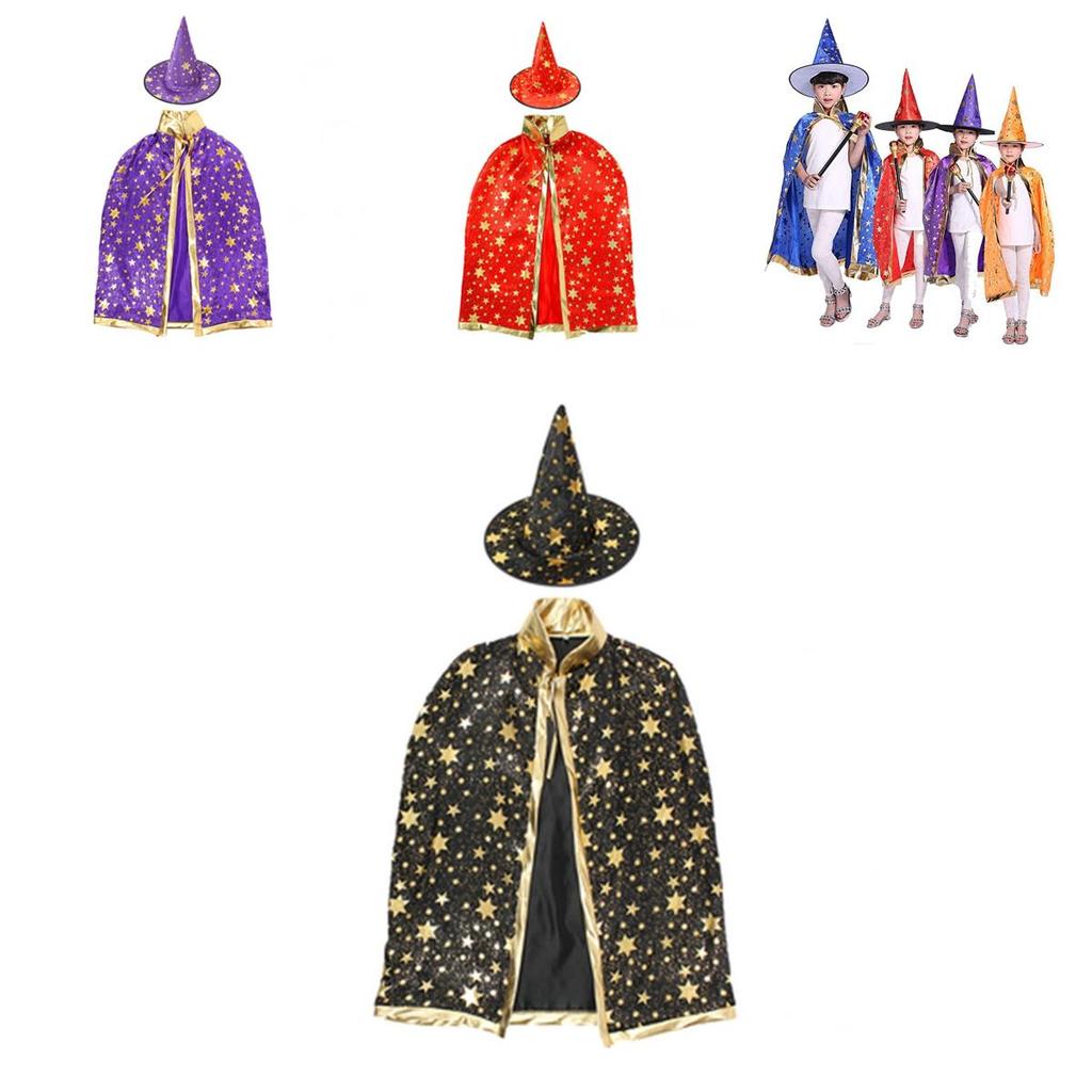 Halloween Wizard Cape Witch Cloak Kids Costume With Star Pattern And Hat For Cosplay Party