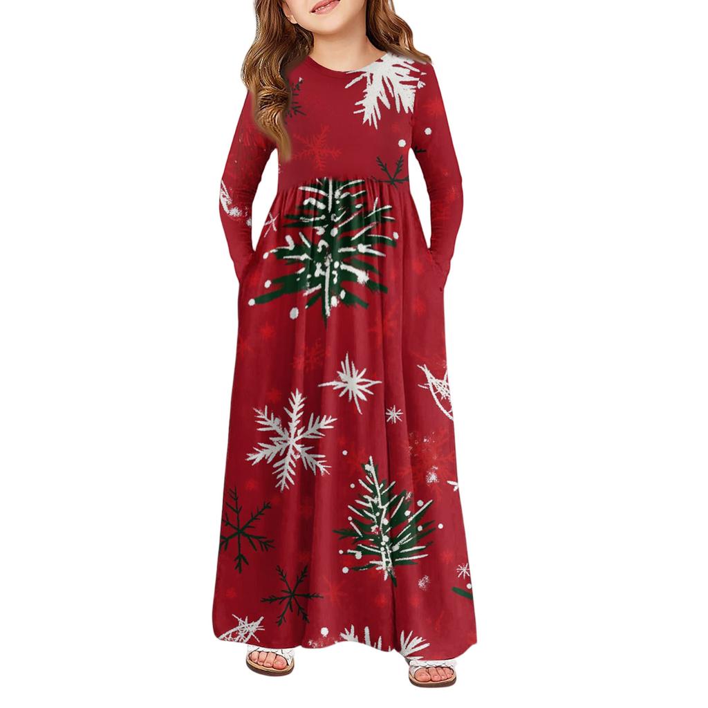 Girls' Maxi Dress - Long Sleeve Pocket Dress Christmas Day