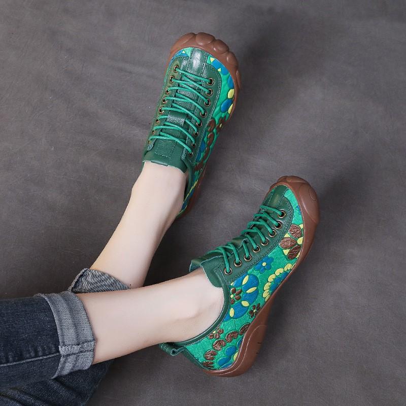 Johnature Ethnic Style Retro Handmade Genuine Leather Soft Soled Shoes Cowhide Lace-up Women's Flat Shoes