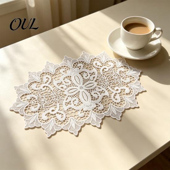 Washable Fabric Doilies for Vases White Lace Doily, Elegant Retro Placemat, Embroidered Table Breathable Polyester Mats Mat, Rectangular Round