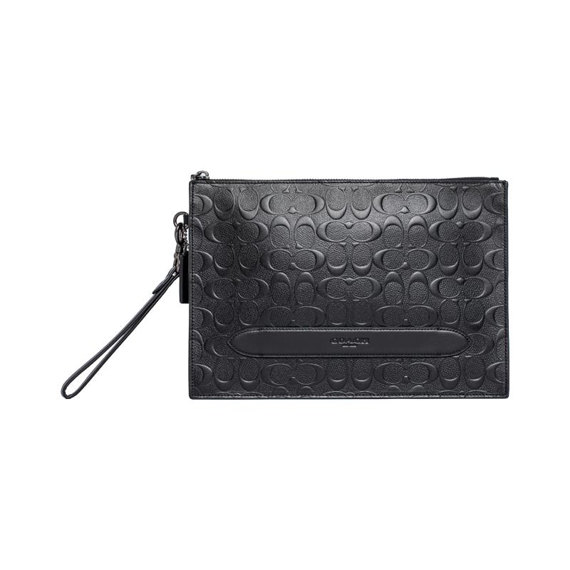 

COACH Pouch 30 embossed presbyopic zipper closure strapless leather file bag briefcase wrist bag clutch bag handbag large size men s black чорний